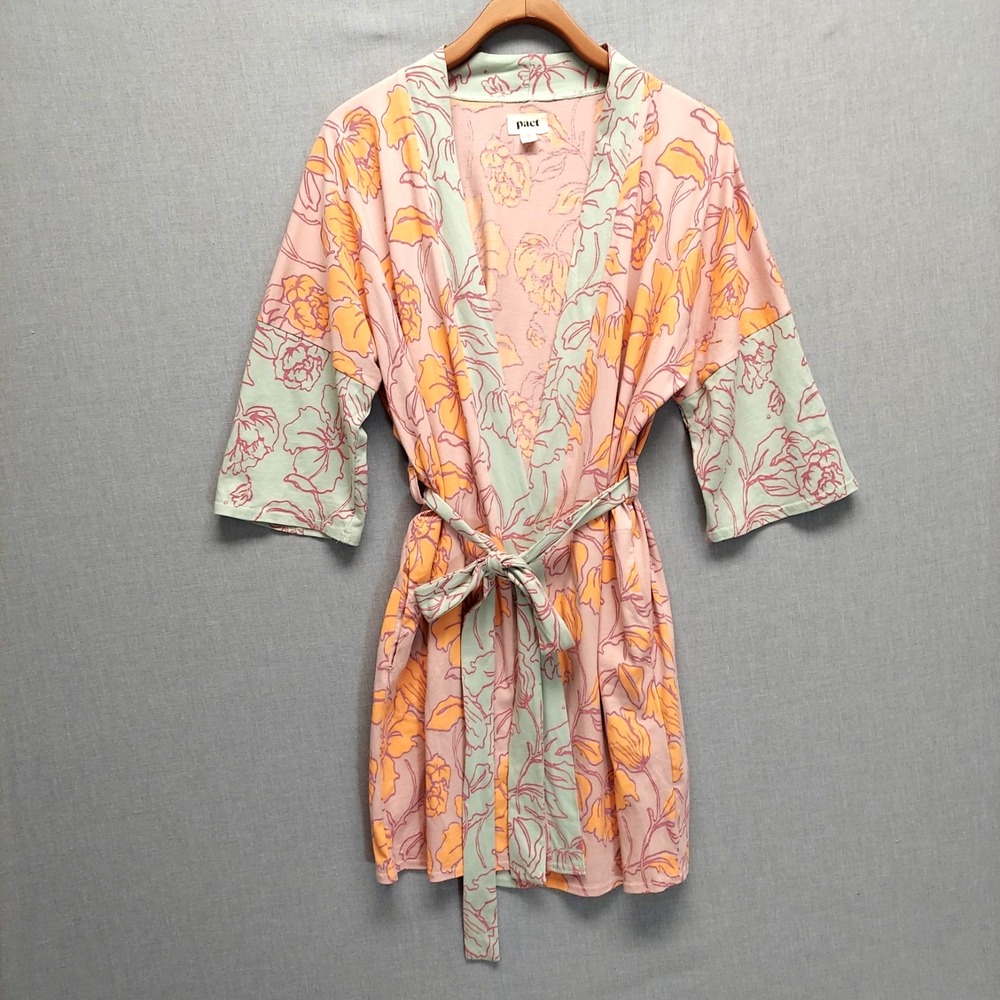 PACT Organic Cotton Staycation Floral Kimono Robe XS/S Pockets Belt Lounge